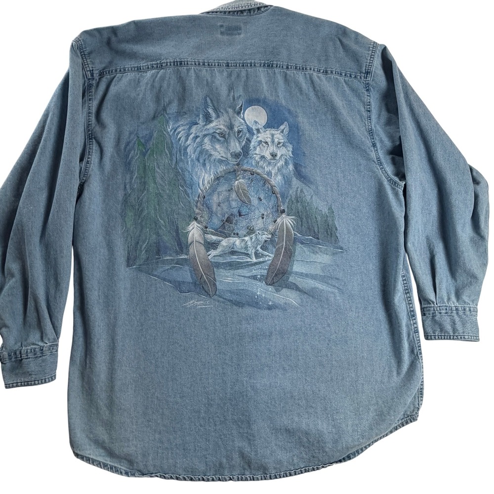 Vintage 90s Polar Graphics Mens XXL Denim Shirt Gardner Wolf Dreamcatcher